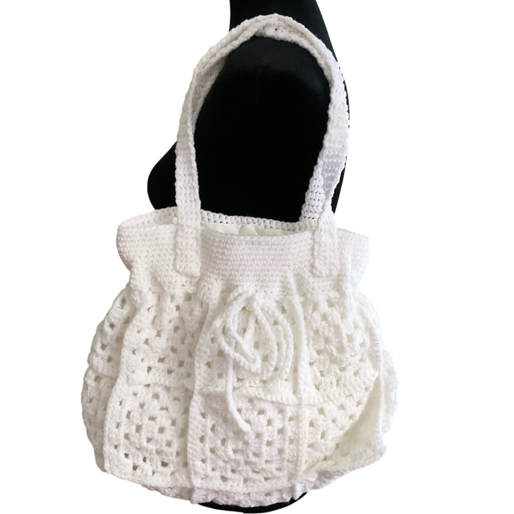 Handmade White Crochet Granny Square Tote Bag Lined Boho Drawstring Shoulder Bag